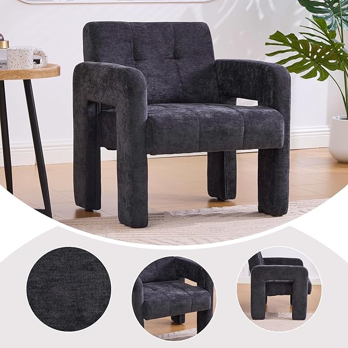 Modern Accent Chair Set of 1 Chenille Fabric Upholstered Reading Armchair Mid-Century Leisure Comfy Single Sofa Chair for Living Room Bedroom Home Office (Black Set of 1)
