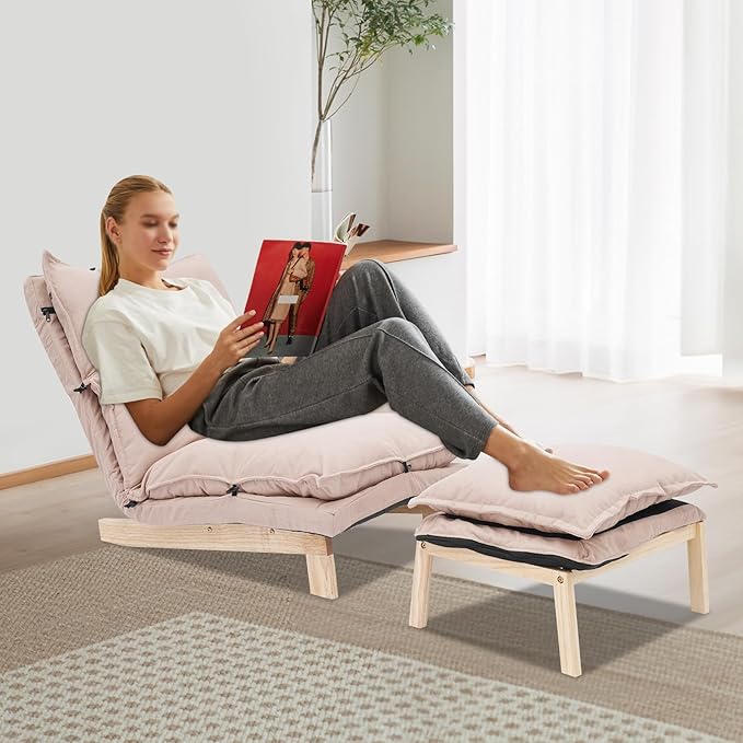 Modern Sofa Bed Chair with Ottoman 5-Position Adjustable Recliner Lounge - Accent Reading Chair for Bedroom Living Room Balcony - 330lbs Capacity (Beige)