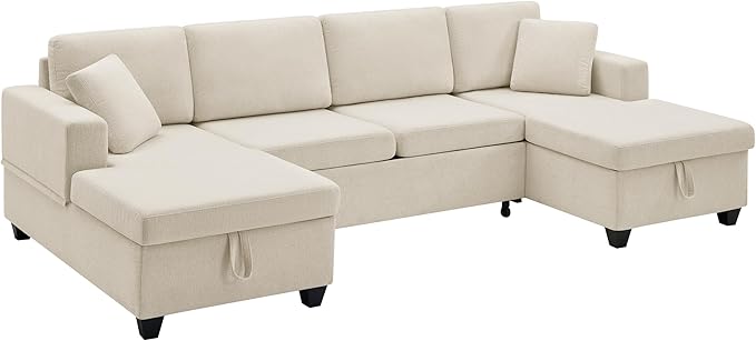 VANOMi U Shaped Sectional Sleeper Sofa with Pull Out Bed 113 Modular Sectional Sofa with Storage Chenille Couches for Living Room Apartment Office Beige | Large Storage Space with 2 Chaise with