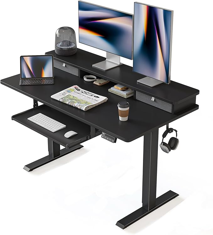 FEZIBO Standing Desk with Drawers and Keyboard Tray 48×24 Electric Height Adjustable Table with Monitor Shelf Computer Home Office Sit and Stand up Workstation Black