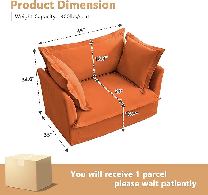 Modern Single Sofa Chair 49 Slipcovered Armchair Oversized Upholstered Accent Chair Comfy Cloud Deep Seat Sofa Chair with 2 Throw Pillows for Living Room Bedroom Apartment Chenille Orange