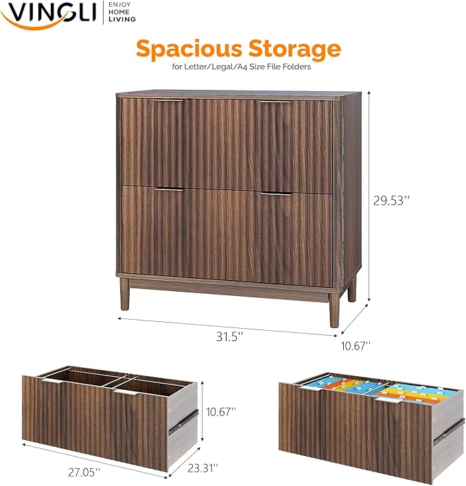 VINGLI 2 Drawer File Cabinet Home Office Filing Organizer for Letter Legal A4 Size File Folder Storage Modern Style Fluted Design Wood Lateral Filing Cabinet Printer Stand Dark Walnut