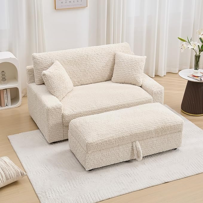62“ Oversized Chaise Lounge Chair IndoorComfy Loveseat with Storage OttomanUpholstered Sleeper Sofa Bed with 2 Pillows Deep Seat Love Seat Couch for Living RoomBedroomApartmentBeige