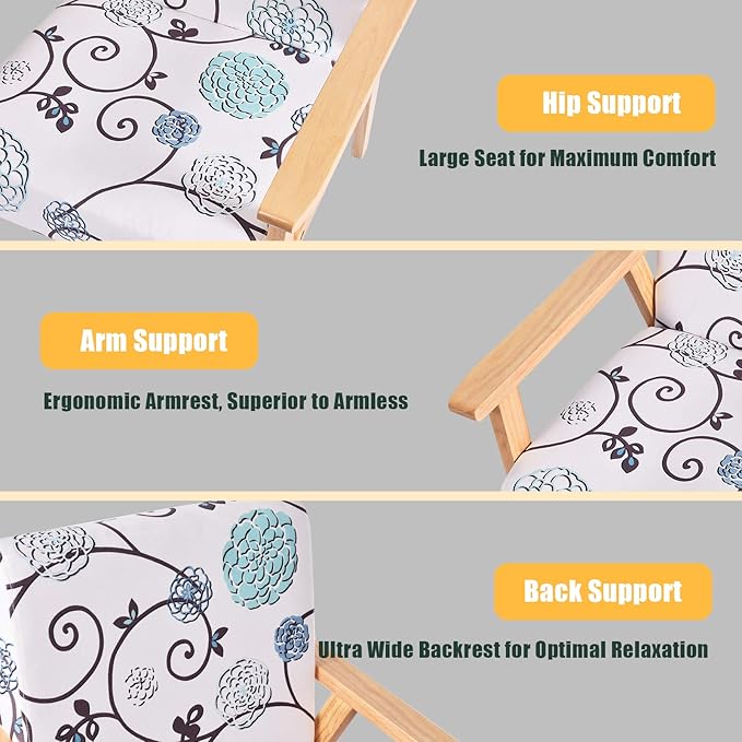 Giantex Mid Century Accent Arm Chairs Set of 2 Fabric Modern Armchairs w/Rubber Wood Pretty Pattern Soft Sponge Decorative Retro Accent Chairs for Living Room