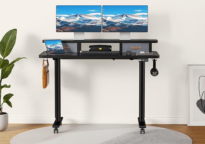 Flycity Electric Standing Desk with Dual Drawers 48 x 24 Height Adjustable Desk Sit Stand Desk with Memory Controller Casters &amp 2 Hooks Low Noise Home Office Desk Black