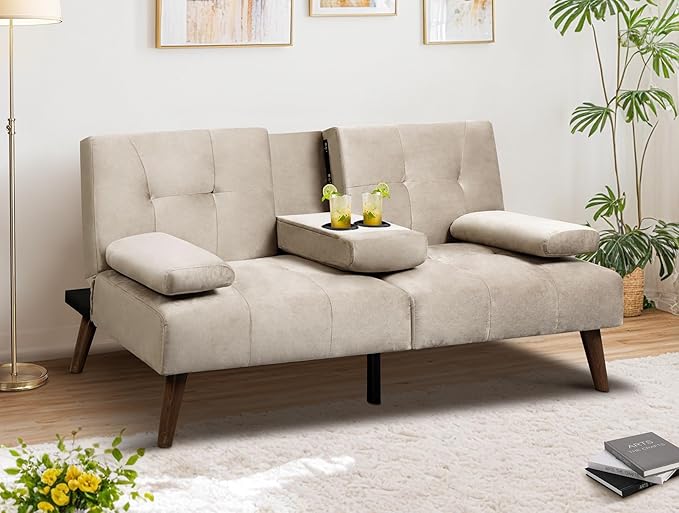 Walsunny Futon Sofa Bed Convertible Sofa Couch Bed Velvet Futon Couch with Cup Holder Sleeper Sofa with Adjustable Backrest for Living Room Small Space
