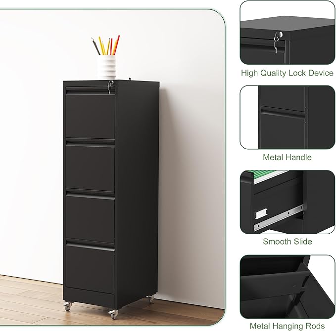 4 Drawer Small File Cabinet with LockUnder Desk Locking Drawers Storage Cabinet Organizer for HomeOffice Filing Cabinets17.71 D*15.16 W*52.28 HBlack