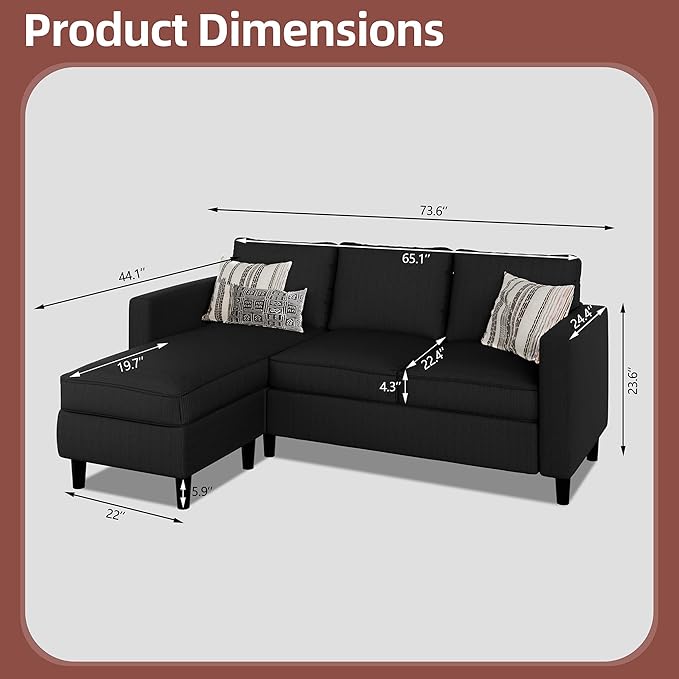 JAMFLY Sectional Sofa Couch Convertible L Shaped Sofas with Ottoman Small Sectional Couches for Living Room 3 Seater Couch for Small Spaces Black