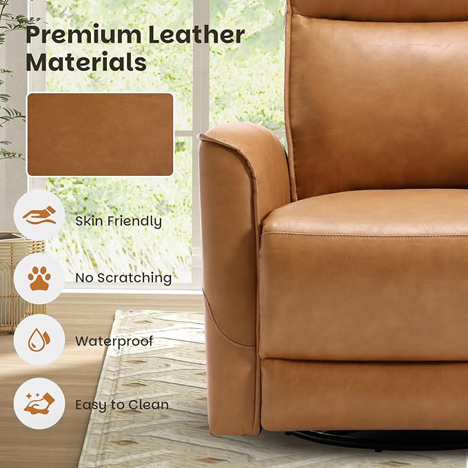 CANMOV Leather Recliner Chair Swivel Rocker Recliner Chair 360°Swivel Nursery Glider Recliner Manual Recliner for Small SpacesLiving RoomBedroomBrown