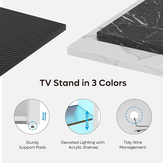 Bestier LED Tall Entertainment Center for PS4 55 inch TV Stand for 55/60/65 inch TV TV Console with Storage Media TV Cabinet with Adjustable Shelf for Living Room White Marble