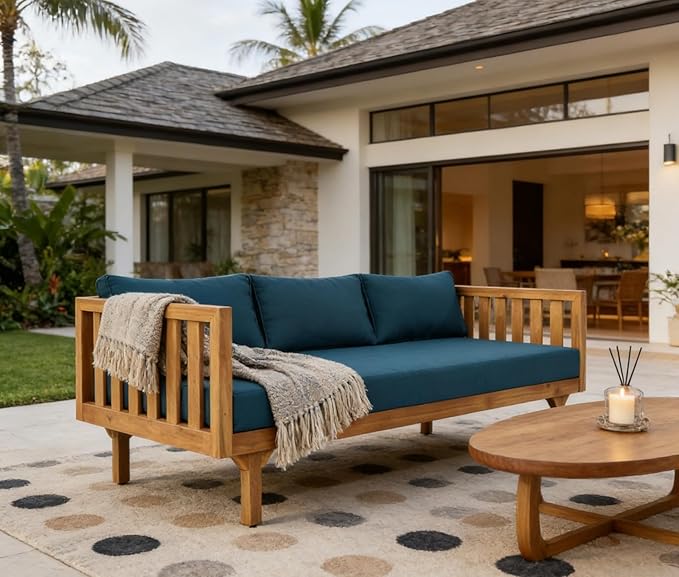 Merax Solid Acacia Wood Couch Chaise Lounge Chair Indoor 3 Seater Daybed Sofa Couches with Cushions &amp Pillow Heavy Frame Day Bed for Living Room Office Outdoor Balcony Patio Water Resistant
