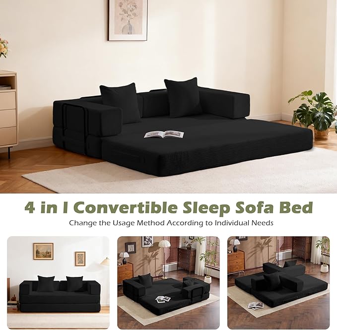 4 in 1 Convertible Sleeper Sofa Bed78’’ Compression Folding Sofa Bed with Pillows &amp Side Pockets Fold Out Floor Couch Boneless Couch for Living Room BedroomBlack