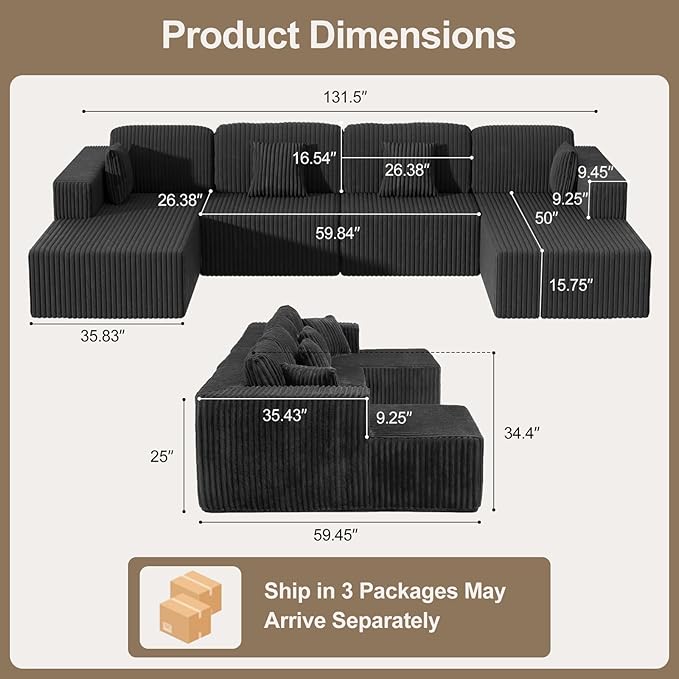 132 U Shaped Couch Oversized Modular Sectional Sofa with Chaise Corduroy U Shaped Couch with Deep Seat Boneless Couches for Living Room No Assembly Required Gray