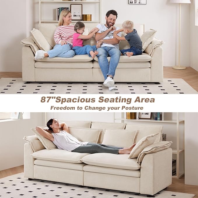 87 L Shaped Sectional Sofa Modular Deep Seat Sofa Couch with Ottoman Chenille Sofa Sleeper Comfy Upholstered Furniture for Living Room Apartment Studio Office (Beige Loveseat)