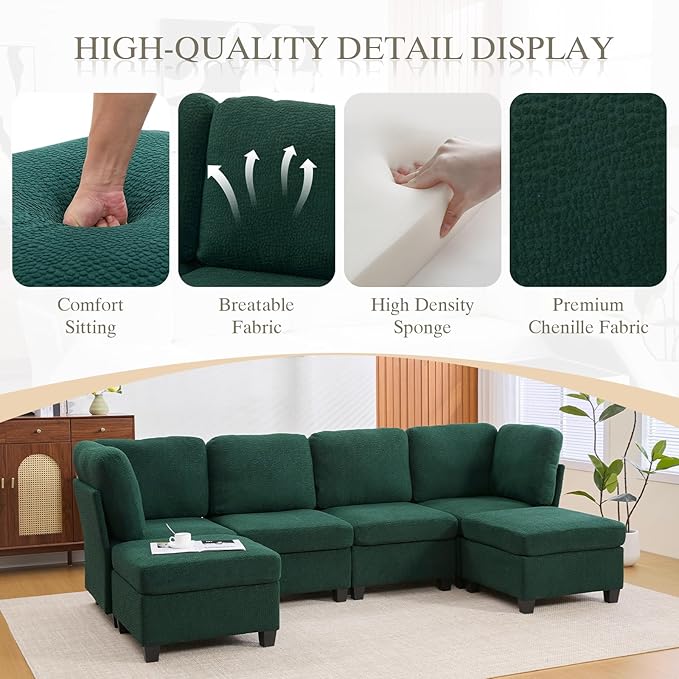 113.39 Modular Sectional Sofa 6 Seaters Sectional Sleeper Sofa U Shaped Couch Comfy Convertible Couches with Ottomans Oversized Modular Sofa with Large Storage for Living Room (Emerald)