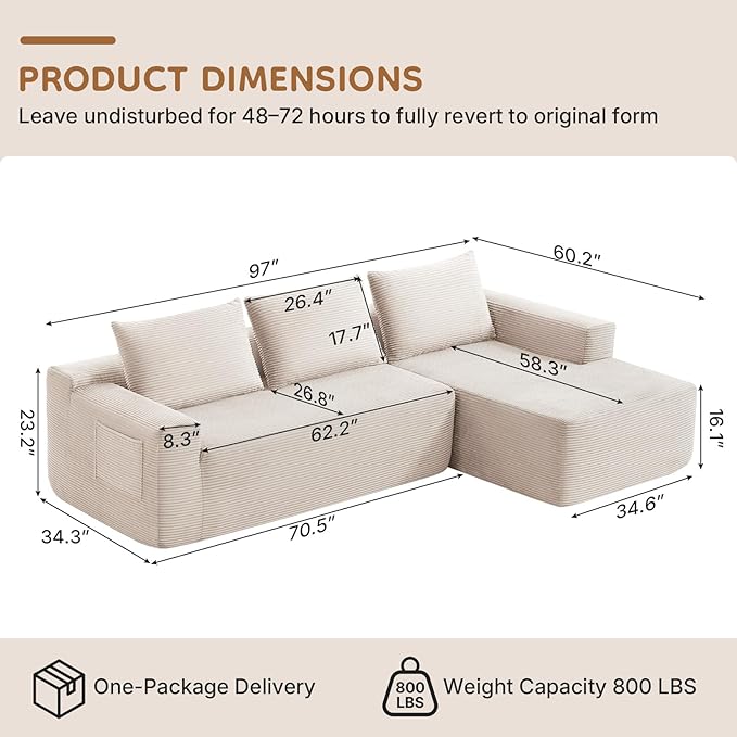 Rovibek 97” Couches for Living Room Modular Sectional Sofa with Chaise &amp Deep Seat Comfy Corduroy Boneless Couch No Assembly Required White