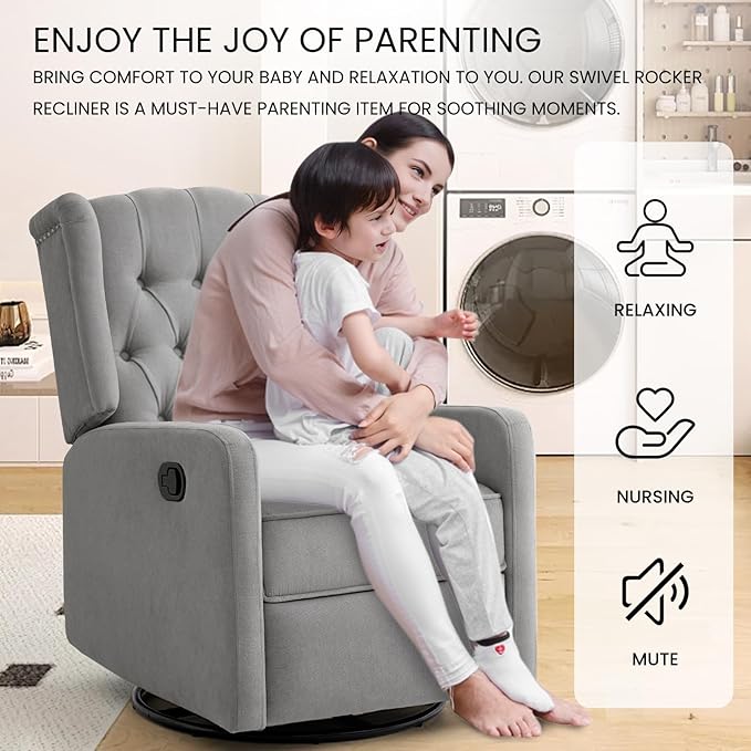 360 Swivel Rocker Recliner Chair for Adults Nursery Chair for Small Spaces Living Room Upholstered Fabric Glider Recliner Grey