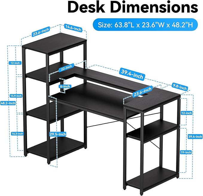 Computer Desk with Storage Shelves 63 Inch Office Desk with Monitor Stand Gaming Desk with CPU Stand for Study Writing PC Work Gaming Black