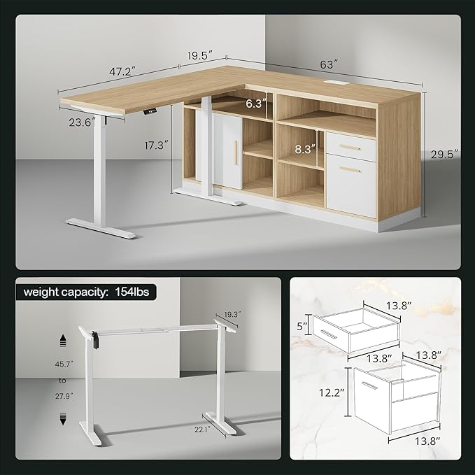 Home Office Furniture Set 114 Standing Desk with 2 File Cabinets AC/USB Extra Long Double Desk for 2 Person Electric Height Adjustable for Home and Office Light Walnut