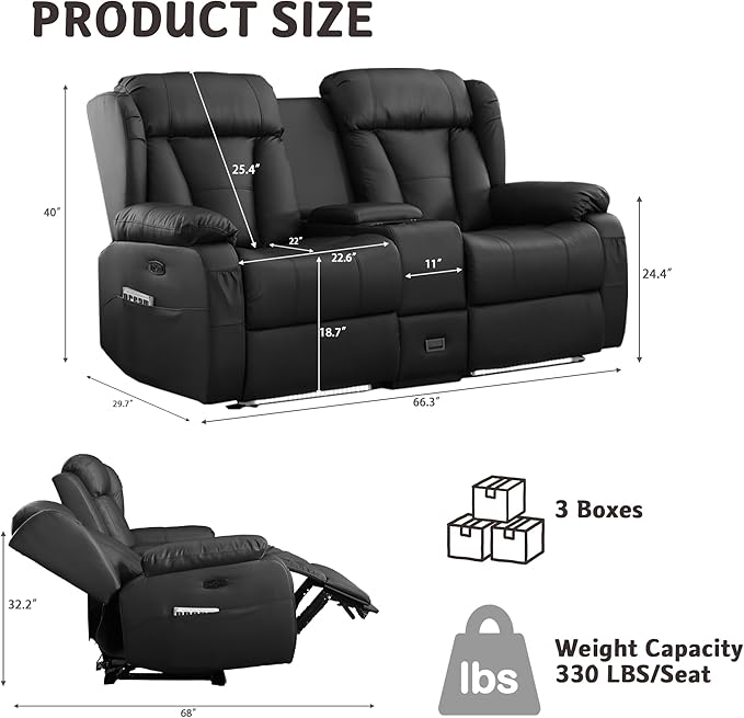 66 Power Loveseat Recliner Sofa with Console RV Reclining Couch with Cup Holders/LED Lights/USB and USB-C Wall Hugger Loveseat Recliners Home Theater Seating for Living Room (Black)