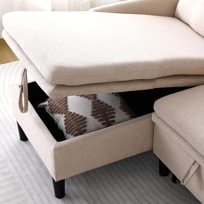 78 L-Shaped Sleeper Sofa Bed Couch 3-Seater Reversible Pull Out Couch Bed with Storage Chaise Lounge Cotton-Linen Pullout Sofabed Sectional Couches for Living Room Apartment Beige