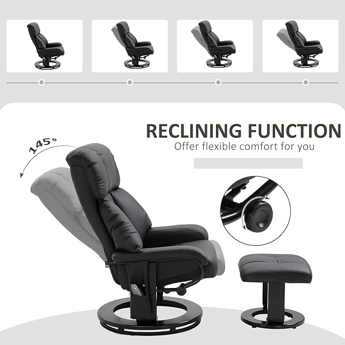 HOMCOM Massage Recliner Chair with Ottoman 360° Swivel Recliner and Footstool 10 Point Vibration PU Leather Reclining Chair with Side Pocket and Remote Control Black