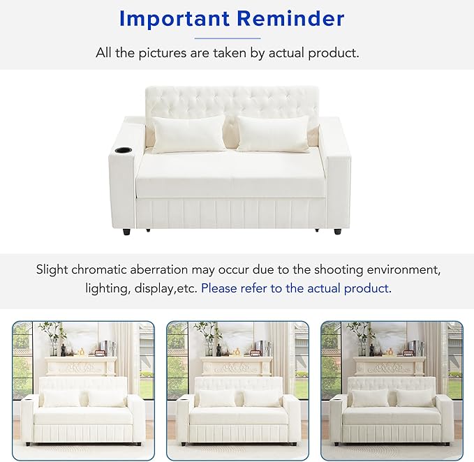61.4 Pull-out Sofa Bed Convertible Sleeper Sofa Bed with Adjustable Backrest Cup Holders Storage Rack Handy Side Pockets Two Lumbar Pillows Modern Loveseat Sofa for Living Room (Beige/132)