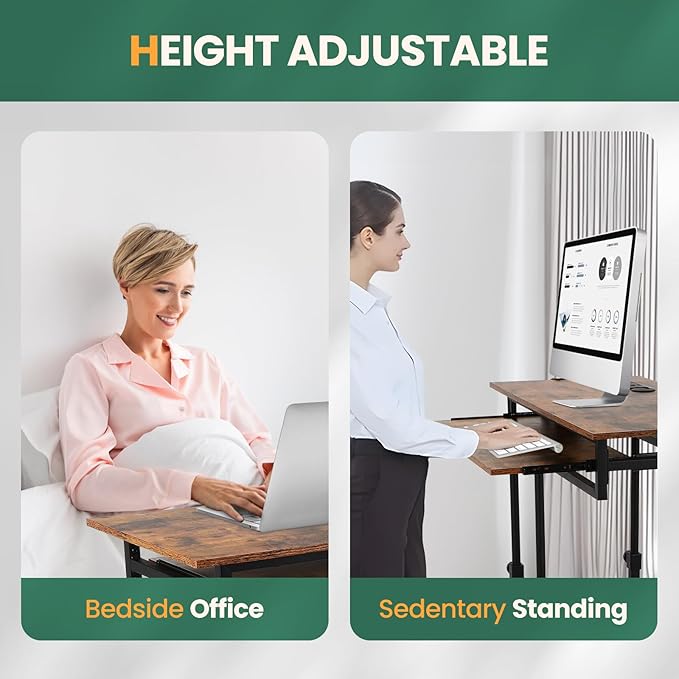 FAHKNS Adjustable C Table with Charging Station Tiltable Desk C Shaped End Table for Couch Over Bed Table with Wheels Adjustable Height Hospital Laptop Stand Drawing Desk