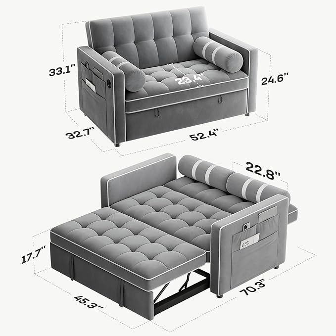 Marsail 3-in-1 Convertible Futon Sleeper Sofa Bed Pull Out Couch with Adjustable Backrest USB Charging &amp Side Pockets Velvet Fabric Sofa for Living Room Apartment Loveseat Grey