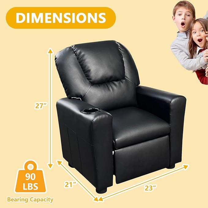 Recliner Chair for Living Room PU Leather Recliner Chair Winback Single Sofa Home Theater Chairs Adjustable Modern Reclining Chair with Padded Seat Backrest for Kids (Black)