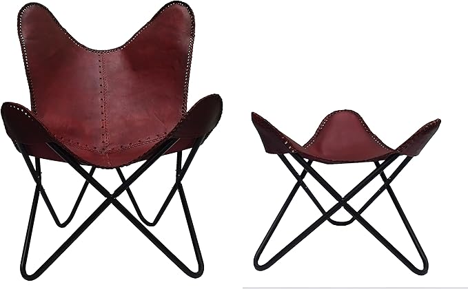 Brown Leather Accent Chair/Handmade Leather Butterfly Chair with Ottoman Boho Home Décor/Living Room Chair- Cover with Folding Frame (Black Iron Frame)