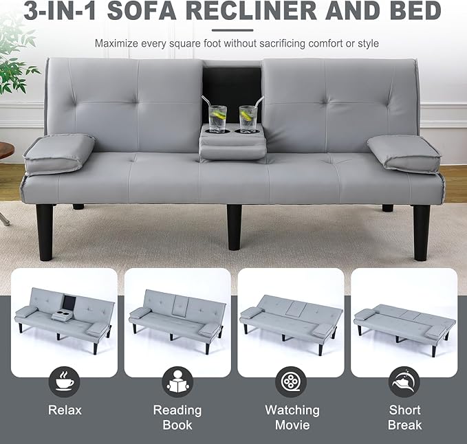 Futon Sofa Bed PU Leather Modern Convertible Futon Couch with Removable Armrests Cup Holders Loveseat Sleeper Sofa Bed for Living Room Apartment Small Spaces (Light Gray)