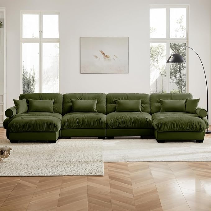 166 Large Sectional Couches for Living Room Cloud Modern Modular Deep Seat Sofa Set Comfy Couches with 2 Ottomans Velvet Fluffy 4 Seater Sofas for Bedroom Apartment U Shaped Olive