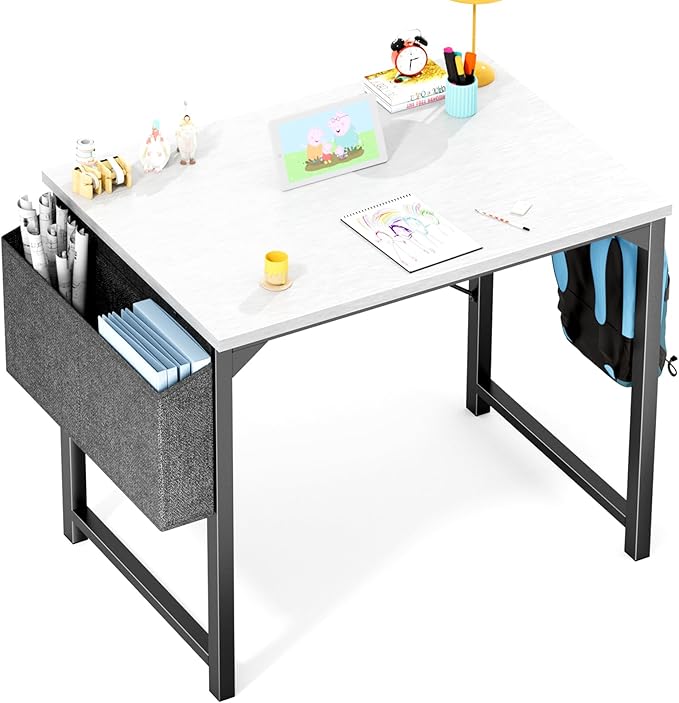 Sweetcrispy Computer Small Office Desk 32 Inch Kids Student Study Writing Work with Storage Bag &amp Headphone Hooks Modern Simple Home Bedroom Table - White