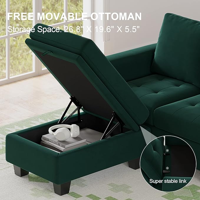 Belffin Velvet Reversible Sectional Sofa with Chaise Convertible L Shaped 4-seat Sectional Couch with Storage Ottoman Green