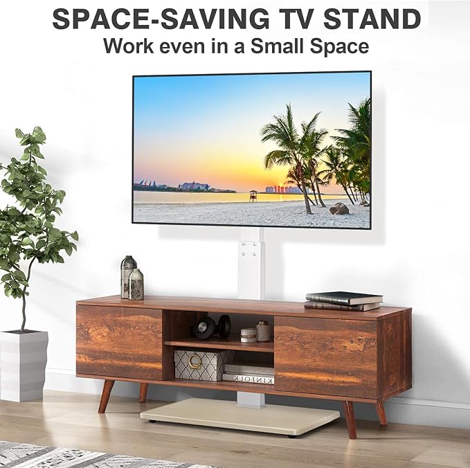 TV Floor Stand for 32-75 Inch Plasma LCD LED OLED Flat Panel or Curved Screen TVs Swivel TV Stand Mount with Height Adjustment and Sturdy Wood Base White