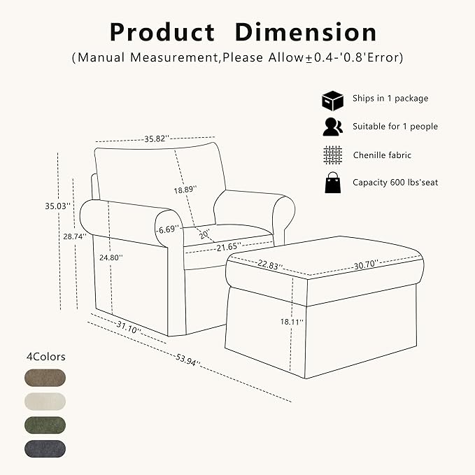 35.82 Accent Chair with Ottoman SetUpholstered Living Room Chairs for Reading Chair with Chaise Lounge Chairs Indoor Comfortable Armchair for Bedroom (Beige 35.82)