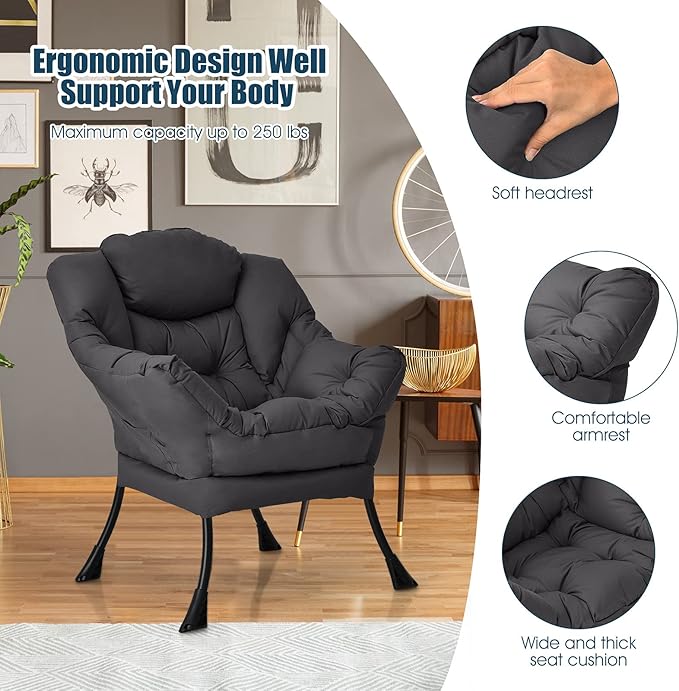 DORTALA Modern Lazy Chair Single Sofa Chair w/Side Pocket and Armrests Soft Upholstered Modern Leisure Chairs Suitable for Living Room Bedroom Grey