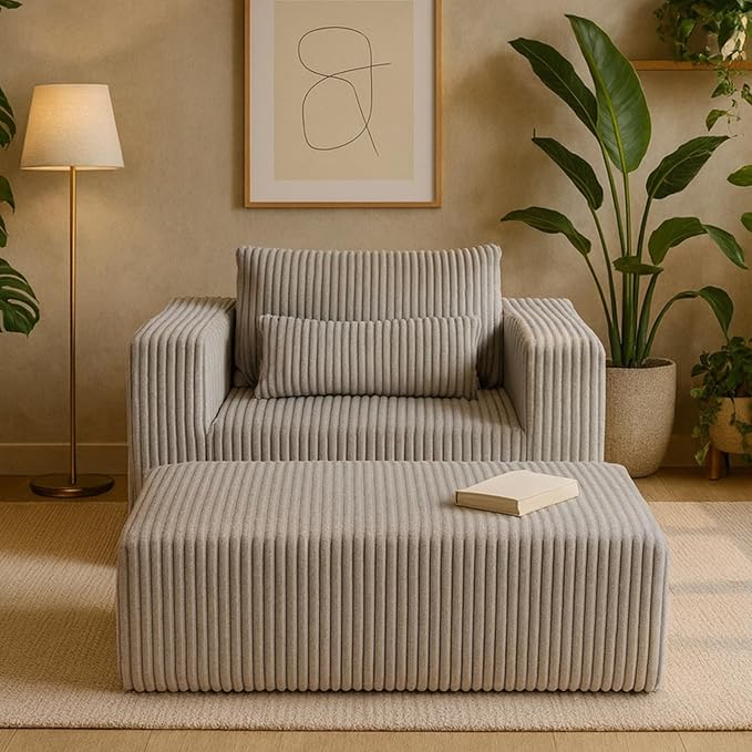 50.98'' Corduroy Boneless Couch with Square Armrests and 2 Cushions Modern Luxury Compressed Sofa Couch with Movable Ottoman No Assembly Required Living Room Apartment HotelSmoke Grey