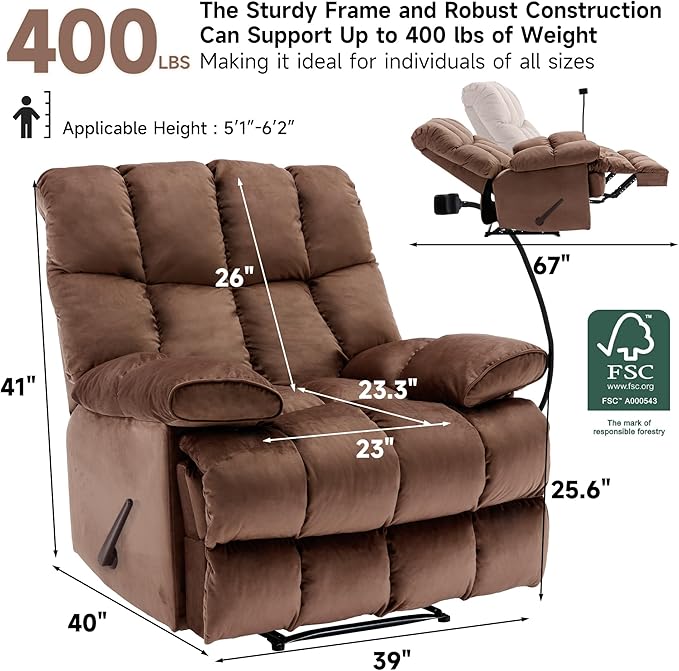 Oversized Recliner Chair Big Man Recliner Chairs for 400LBS Adults Extra Wide Recliner Large Heavy Duty Recliner Chair for Living Room Brown