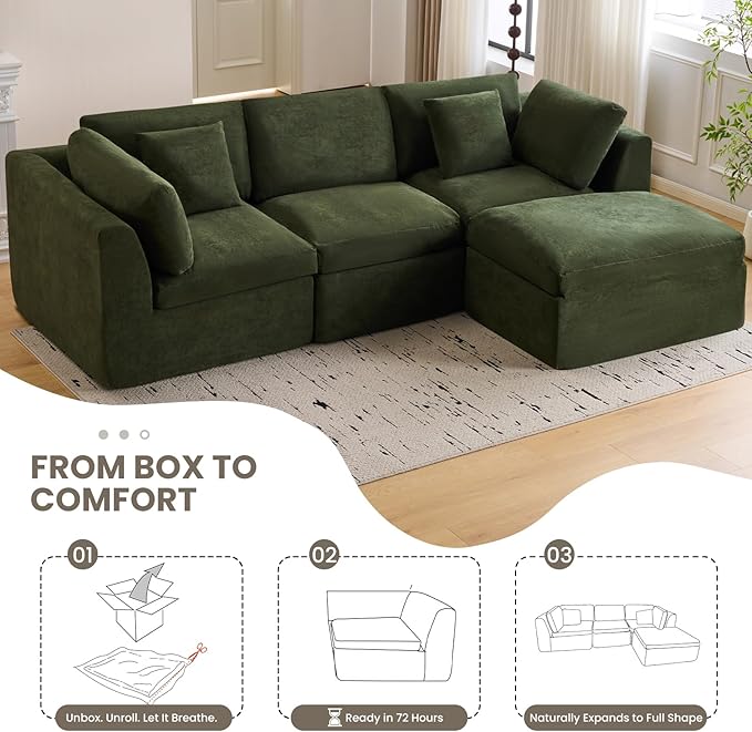 118 Fully Compressed Modular Sectional Sofa Cloud Sectional Couch U Shape with Ottoman No Assembly Boneless Sectional Sofa Deep Seat Convertible Modular Couch for Living Room (Green)
