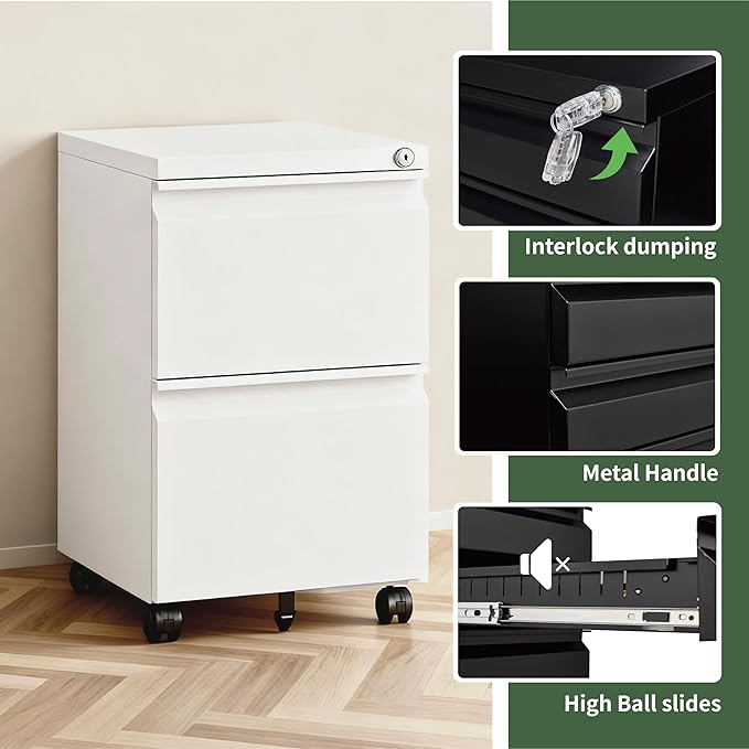 2 Drawer File Cabinet with LockRolling Filing Cabinet with Wheels for Home OfficeUnder Desk Metal File CabinetOffice Storage OrganizerWhite