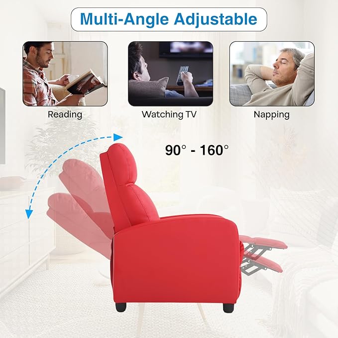 Recliner Chair Living Room Chair PU Leather Reclining Sofa Lounge Home Theater Seating with Lumbar Support Overstuffed High-Density Sponge Push Back Recliners Armchair for Living Room Red