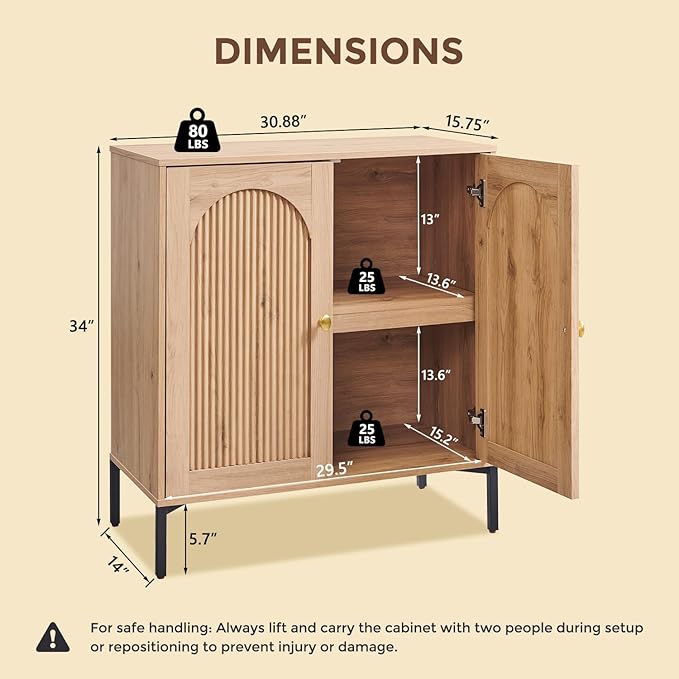 Modern TV Stands for 65 Inch TVs 34 Tall Wood Entertainment Center w/Adjustable Shelves Mid Century Modern TV Stand w/Arched Fluted Doors Media Console Cabinet for Living Room Natural