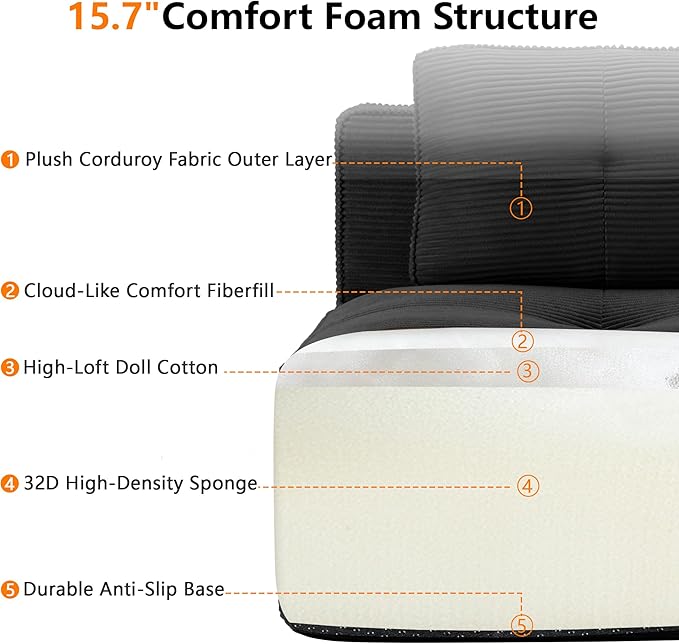115.3” Black Boneless Couches for Living Room Modular Sectional Sofa with U-Shape Chaise 3 Seater Comfy Upholstered Deep Seat Corduroy Fabric Cloud Couch No Assembly Anti-Slip Design