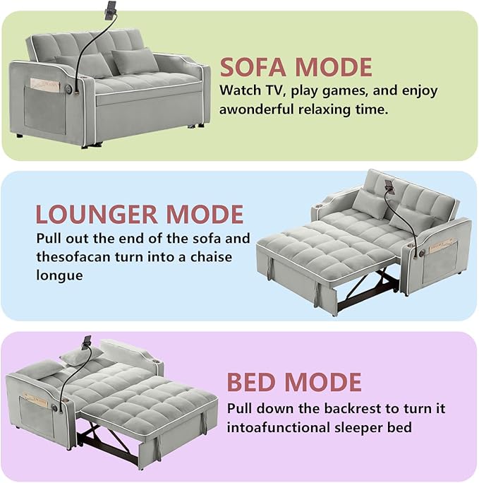 3 in 1 Convertible Sofa Bed Velvet Pull Out Couch Bed w/ Adjustable Back Love Seat Sleeper Beds w/ USB Ports &amp Cup Holders Phone Stand Full Size Futon Couch for Living Room Small Spaces (Gray)