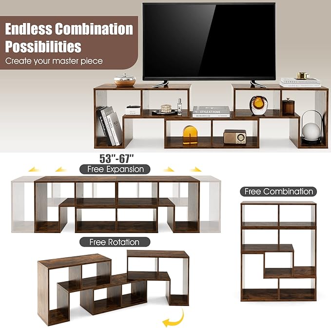 GOFLAME 3 Pieces TV Console Stand Modern Entertainment Center for 50 55 60 65 Inch Flat Screen TV Free Combination Bookcase for Storage &amp Display Suitable for Living Room Bedroom (Brown)