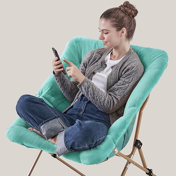Walsham Folding Comfy Chair Faux Fur Soft Cozy Lounge Reading Papasan Chair for Adults Kids Bedroom Living Room Dorms Small Space Green