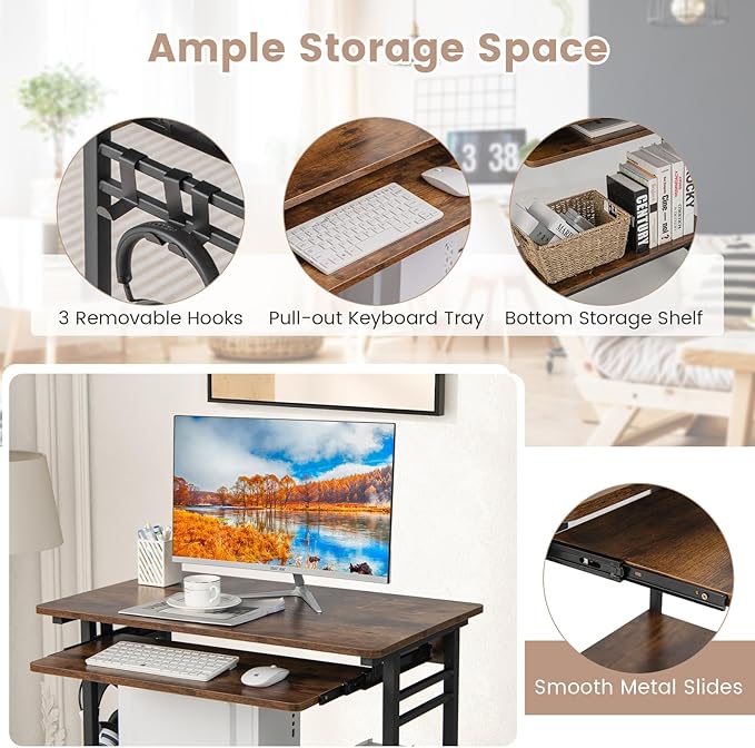 Portable Computer Desk Rolling Laptop Cart with Shelf &amp Hooks Small Home Office Desk for Small Spaces Study Table with Wheels