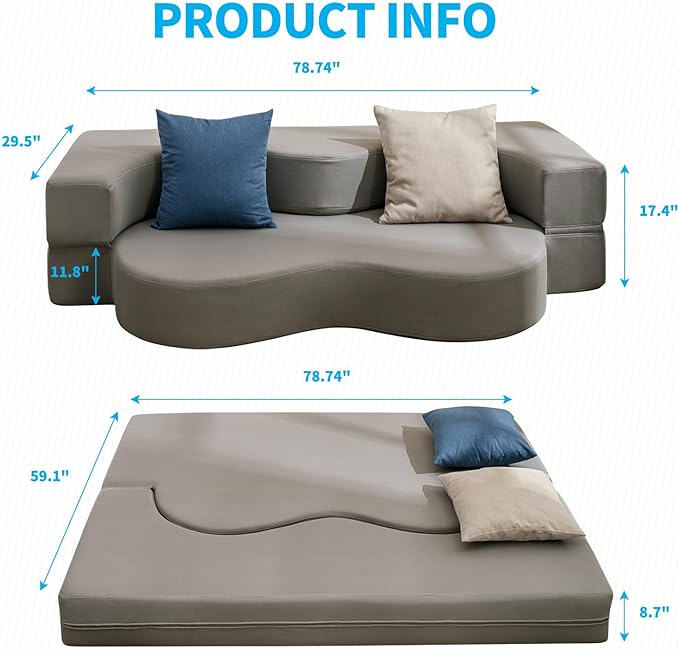 Mjkone 78 Width Queen Size Floor Sofa Bed Fold Out Couch with Memory Foam Matress Stylishly Upholstered Convertible Futon Sleeper Bed with Washable Cover for Living Room Guest Room Light Gray
